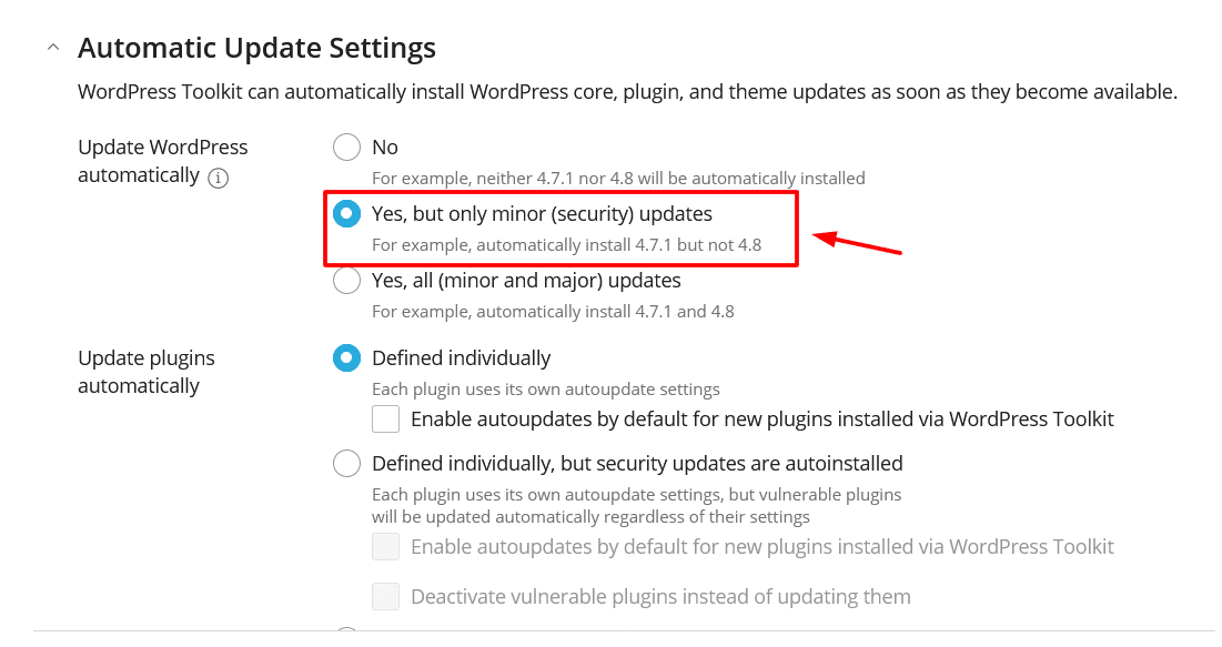 Kατηγορία "Automatic Update Settings" εγκατάστασης.