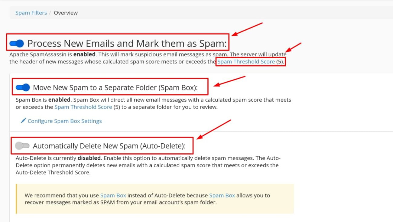 Γενικές επιλογές Spam Filter.