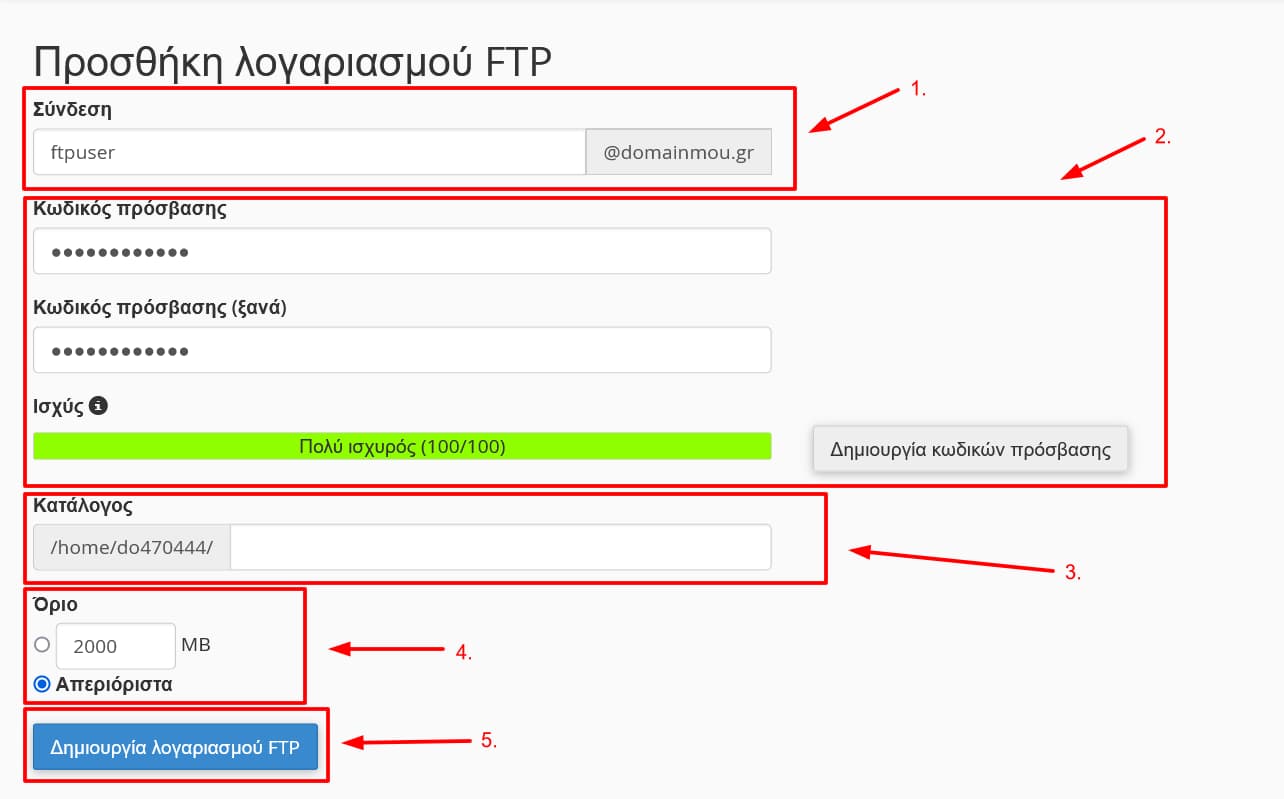 Συμπλήρωση πεδίων για δημιουργία λογαριασμού FTP.